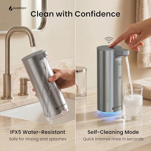 GentleJet EasyFoam Automatic Foaming Soap Dispenser, Touchless USB-C Rechargeable Sensor Pump, 304 Stainless Steel, Adjustable Foam, IPX5 Water-Resistant for Bathroom & Kitchen, 10 fl oz / 300 mL - color: Silver