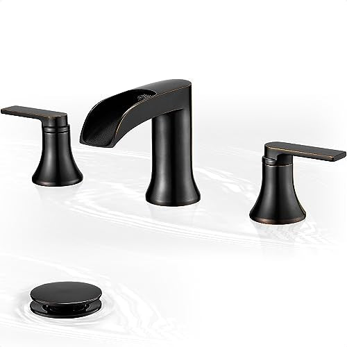 Oil Rubbed Bronze Widespread Waterfall Bathroom Sink Faucet 3 Hole, 4-8 Inch Brass Farmhouse Bathroom Faucets with Pop-up Drain and Supply Lines, 2 Handle for Vanity, Lavatory, Restroom - color: Oil Rubbed Bronze, style: WITH Pop Up Drain