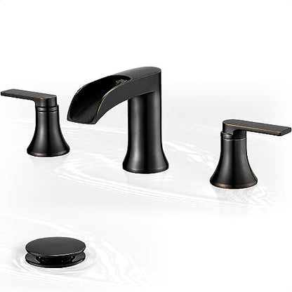 Oil Rubbed Bronze Widespread Waterfall Bathroom Sink Faucet 3 Hole, 4-8 Inch Brass Farmhouse Bathroom Faucets with Pop-up Drain and Supply Lines, 2 Handle for Vanity, Lavatory, Restroom - color: Oil Rubbed Bronze, style: WITH Pop Up Drain
