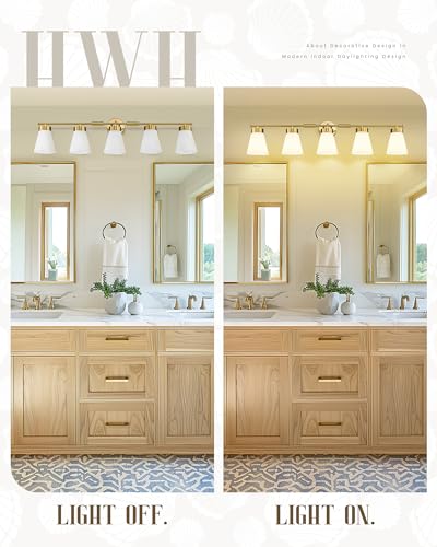 Bathroom Light Fixture, HWH 5-Light Bathroom Vanity Light Brushed Gold Vanity Lighting Over Mirror, Modern Vanity Lights with Frosted White Striped Glass, 5HZG97B-5W BG - color: Brushed Gold, size: 5-Light