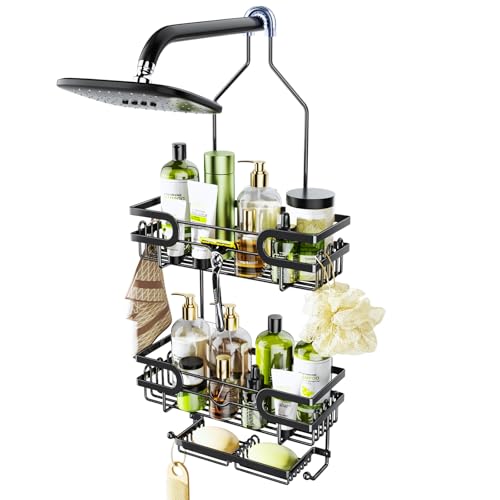 HapiRm Bathroom Hanging Shower Caddy - Rustproof & Waterproof Shower Shelf with 12 Hooks and 2 Soap Holders, No Drilling Bathroom Organizers and Storage - Black - color: Black(Large)