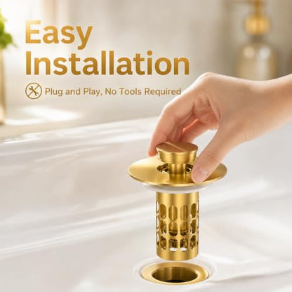 Snailhouse Bathroom Sink Stopper, Stainless Steel Pop Up Anti Clog Bathroom Sink Drain Strainer Plug with Brass Core and Removable Hair Catcher, Gold