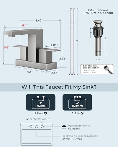 FORIOUS 4 Inch Brushed Nickel Bathroom Faucet Centerset 2 Hole, Commercial | Wholesale Brushed Nickel Centerset Bathroom Faucet Silver 2 Handles, 4" Bathroom Sink Faucet Brushed Nickel Centerset Set - color: Stainless Steel, style: Classic