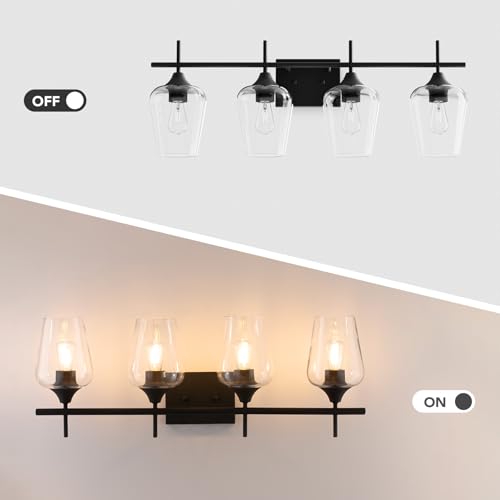 VONLUCE Bathroom Vanity Light, 4 Light Bathroom Light Fixture Over Mirror, Bathroom Wall Lamp with Clear Glass, Modern Black Vanity Lighting fixtures for Bathroom, Bedroom, Hallway | Wine Glass Shades, E26 Sockets, Easy to install, Vanity Lights for Bathr