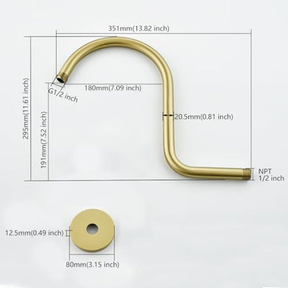 RANDOM S Shaped Shower Head Riser Pipe,Goose Neck Shower Arm 13 Inch Shower Head Extension Arm with Flange,Standard 1/2" Connection,Brushed Gold.RD-91098-13BG - color: Brushed Gold