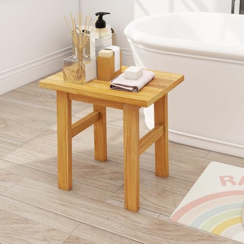 Giantex Solid Teak Shower Bench Stool for Bathroom, Fully Assembled Wooden Bath Seat with Water-Resistant Finish, 264 lbs Capacity, Spa Shaving Bench for Indoor Outdoor Use, 18''L x 12''W x 18''H