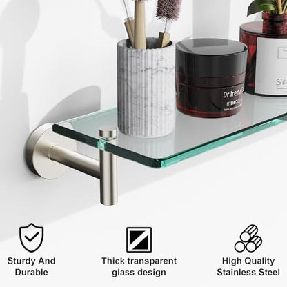 Glass Shelves for Bathroom,20-Inch Brushed Nickel Floating Bathroom Shelf Stainless Steel Tempered Glass Shelf Modern Shelves Wall Mounted - color: Brushed Nickel, size: 20"without railing