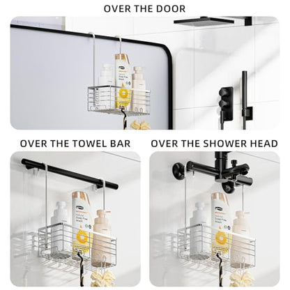 SHANSHUI Shower Hanging Caddy, Bathroom Shower Organizer Basket, Shampoo Bracket, Over Door Showers Rack with Hooks, 304 Stainless Steel Rustproof - size: 11"D x 4.7"W x 13.6"H