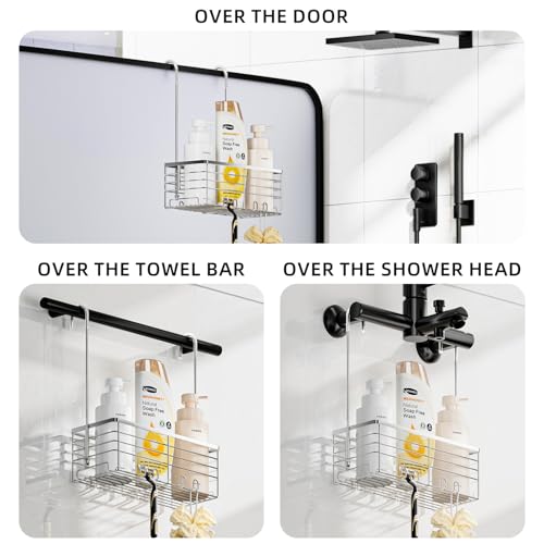 SHANSHUI Shower Hanging Caddy, Bathroom Shower Organizer Basket, Shampoo Bracket, Over Door Showers Rack with Hooks, 304 Stainless Steel Rustproof - size: 11"D x 4.7"W x 13.6"H