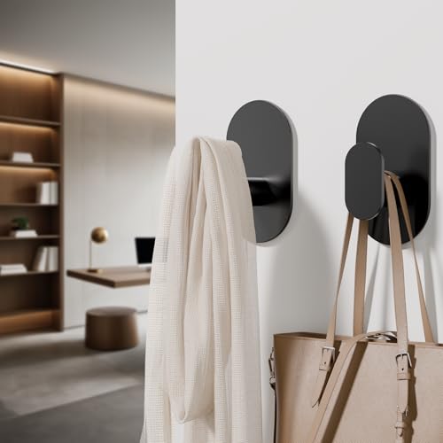 Aikzik Adhesive Towel Hooks - 4 Pack 26LB Extra Strong Heavy Duty Wall Hooks for Bathroom/Shower Door Hanging Coat, Robe, Towel, Dogs' Leads and Collars (Matte Black, Stainless Steel) - color: Black-4