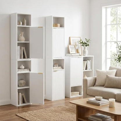 AKMAKM 59.1" Tall Slim Bathroom Storage Cabinet White | Freestanding or Wall Mounted Modular Cabinet, Fluted Panel Linen Tower with Adjustable Shelves for Small Spaces - color: White