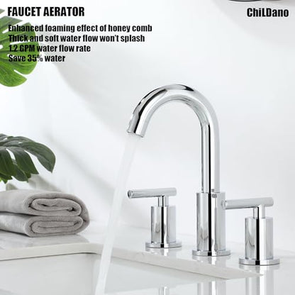 ChiLDano 8 in Widespread 2 Handle Chrome Bathroom Faucet for Sink 3 Hole | Polished Chrome Vanity Faucet for Bathroom Sink 3 Hole with Pop Up Drain and Supply Hose, Wide Spread Sink Faucet - color: Chrome