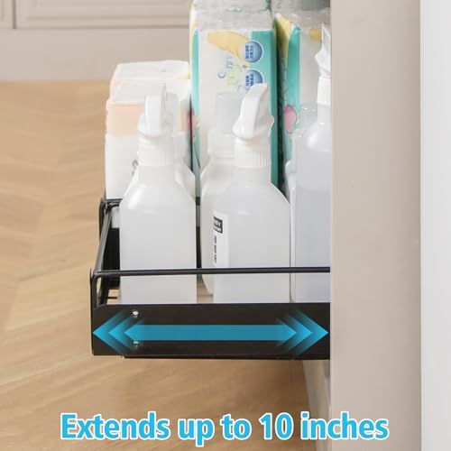 Under Sink Pull Out Organizer, Single-Tier Metal Drawer Slide Out Storage Shelf, No-Drill Nano Adhesive Installation, Fits 16"+ Deep Cabinets for Kitchen Bathroom Pantry Storage - size: Single-layer Medium