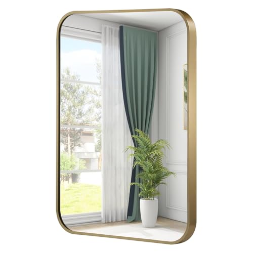 Gold Mirror, 40x30 Inch Framed Rectangle Mirror with Rounded Corner, Brushed Brass Mirror, Gold Bathroom Mirror for Over Sink, Vanity, Living Room, Bedroom, Horizontal/Vertical - color: Gold(dark), size: 40"L x 30"W
