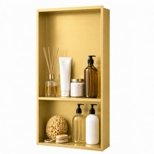 SaniteModar Stainless Steel Shower Niche 12" x 24" Brushed Gold 1/3Split | No Tile Needed, Recessed Bathroom Niche 2-Tier, Waterproof, Space-saving, Easy Setup, Built-in Storage for Bathroom, Kitchen - color: Brushed Gold, size: 12" x 24" D