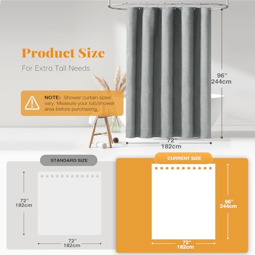 BTTN Extra Long Linen Textured Waterproof Shower Curtain, 72x96, Grey/Gray | Extra Tall Size, 230GSM Polyester, Heavy Duty Cloth, Weighted Hem, 12 Plastic Hooks, Modern Hotel Style, Machine Washable - color: Grey, size: 72"W x 96"L (Pack of 1)