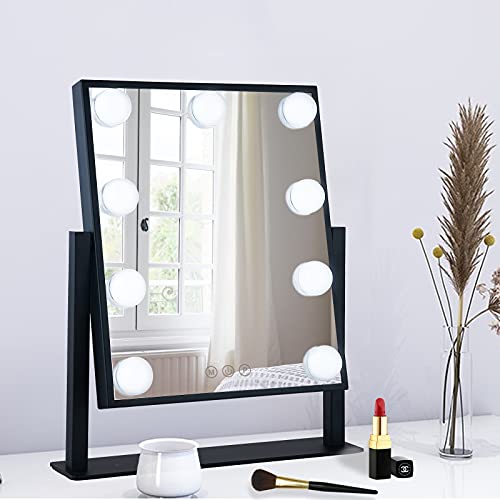 BWLLNI Vanity Mirror with Lights, Black Makeup Mirror with 9 LED Bulbs | Hollywood Mirror Touch Control Design 3 Colors Dimmable Bulbs Detachable 10X Magnification 360°Rotation - color: Black, size: 14.1"L x 2.6"W