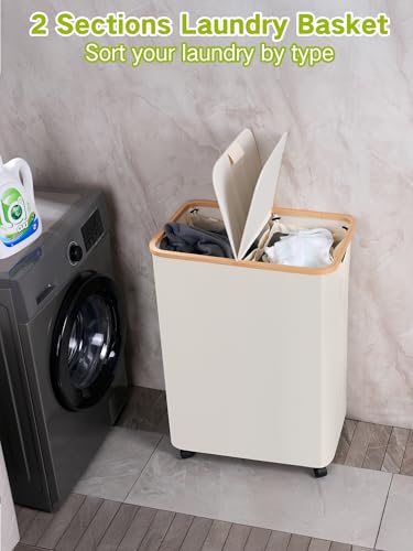 efluky Double Laundry Hamper with Wheels, Divided Laundry Hamper with Removable Bags, 2 Section Dirty Clothes Basket with Handles for Bathroom, Bedroom & Laundry Room, 160L Beige - color: Beige, size: 160L