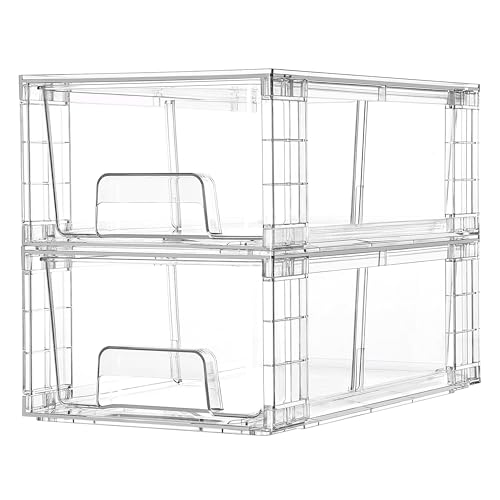 Vtopmart 2 Pack Stackable Clear Drawer with Dividers | Clear Drawer Organizers with Removable Dividers for Flexible storage. Stackable, Non-slip, for Fridge, Under Sink & Bthroom - size: 2Pack 4.4"H-with Dividers