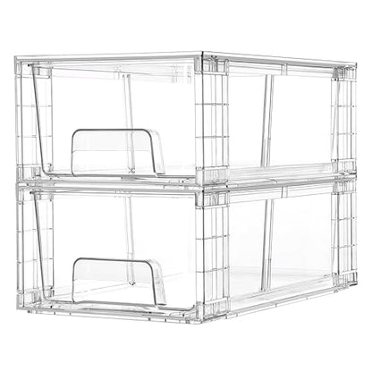 Vtopmart 2 Pack Stackable Clear Drawer with Dividers | Clear Drawer Organizers with Removable Dividers for Flexible storage. Stackable, Non-slip, for Fridge, Under Sink & Bthroom - size: 2Pack 4.4"H-with Dividers