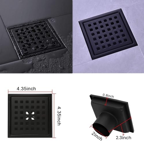 4 inch Square Shower Drain with Removable Cover Grid Grate,SUS 304 Stainless Steel Tile in Floor Drain,Matte Black - color: Matte Black (Without Drain Base/Adapter)