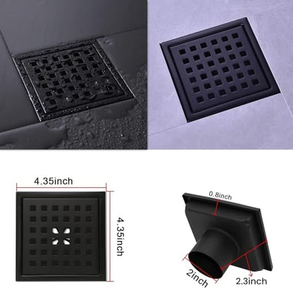 4 inch Square Shower Drain with Removable Cover Grid Grate,SUS 304 Stainless Steel Tile in Floor Drain,Matte Black - color: Matte Black (Without Drain Base/Adapter)