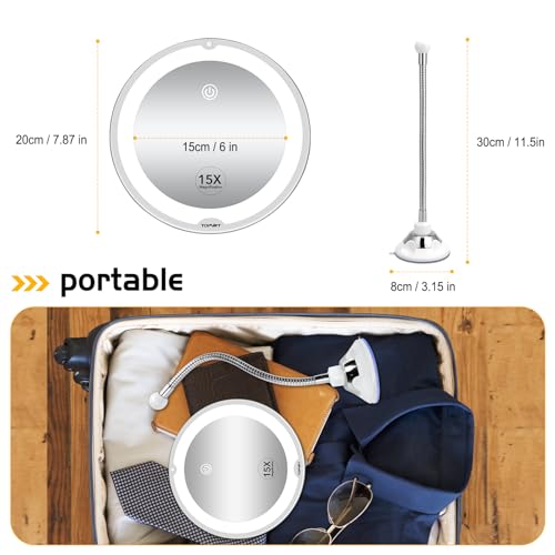 Flexible 15X Magnifying Suction Mirror - Dimmable LED Vanity Mirror, Power Suction Cup, Portable for Home Bathroom - Ideal for Detailed Makeup Eyeshadow Eyeliner (Large)