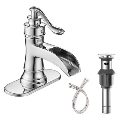 Bathroom Faucet Chrome Waterfall Bathroom Sink Faucets & Parts | with Pop Up Drain Stopper with Overflow Single Handle Single Hole Vanity Commercial Trough Supply Lines Hose Lead-Free - color: Chrome