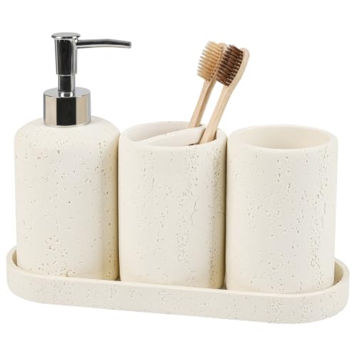 Bathroom Accessories Set,4 Piece Travertine Stone Look Bathroom Accessory Set with Soap Dispenser,Toothbrush Holder,Vanity Tray,Tumbler,Bathroom Organizer for Modern Bathrooms - Off White Cream - color: Travertine Cream