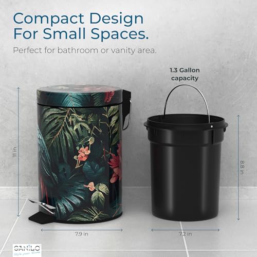 Sanilo Small Bathroom Trash Can with Lid [1.3 Gallon] - Lidded Tiny Trashcan for Garbage - Mini Metal Bin with Soft Closing Mechanism - Bath Room Accessoire Wastebin with Inner Bucket (Exotic) - color: Exotic