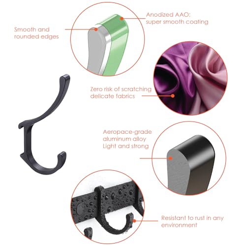 Coat Rack Wall Mounted - 6 Double Hooks, Heavy Duty, Aeropace Grade Aluminum Alloy, Metal Coat Hook Hanger Entryway Bathroom (Brushed Black Metalic, 6 Hooks - 2 Pack) - color: Brushed Black Metalic, size: 6 Hooks - 2 Pack