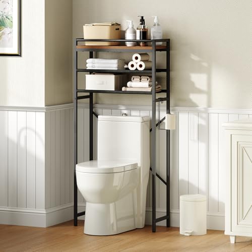 MAHANCRIS Over Toilet Storage, 3-Tier Bathroom Organizer Shelf with Toilet Paper Holder, Freestanding Space Saver Bathroom Shelves Above Toilet for Bathroom, Laundry Room, Rustic Brown TSHR1201 - color: Rustic Brown