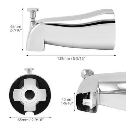 QWORK Metal Tub Spout with Diverter – Fits 1/2" & 3/4" Pipes, Chrome Finish for Tubs, Showers & Bathrooms