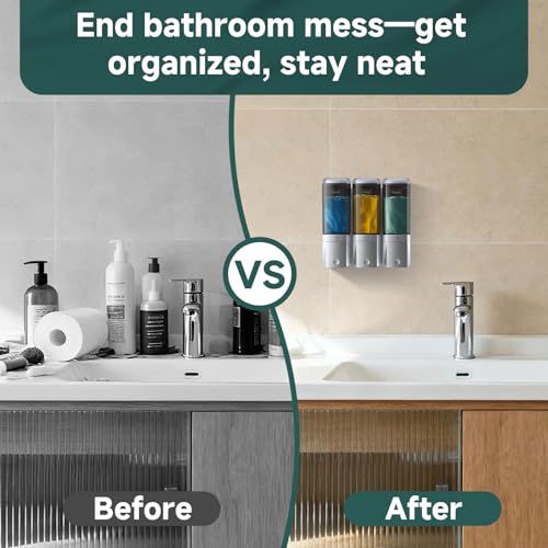 Shampoo and Conditioner Dispenser Wall Mounted No Drill, Shower Soap Dispenser 3 Chamber Shampoo Conditioner Body Wash Refillable 3 * 17oz Shower Soap Dispenser for Bathroom Hotel, Silver+Smoke Gray - color: Silver-smoke Gray-3