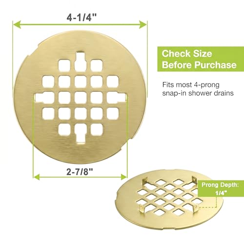 Shower Drain Cover Snap-in Hair Catcher - Brushed Gold 2 Pack | Stainless steel, 4-1/4" OD round, Fits 2-7/8" spacing, Easy install no tools, Warm gold, modern bathroom drain strainer grid. - color: Brushed Gold