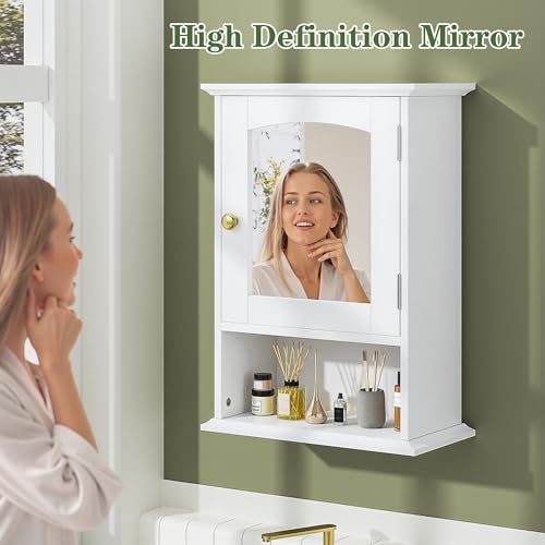 VECELO Bathroom Wall Cabinet with Mirror, Small Medicine Cabinets with Door, Wood Adjustable Shelf, 14.7 x 19.8 x 7.1 Inches, White
