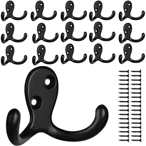 IBosins 16 Pack Black Double Prong Coat Hooks Wall Mounted with 32 Screws | Heavy Duty Retro Double Hooks Utility Hooks for Coat, Scarf, Bag, Towel, Key, Cap, Cup, Hat - color: 16 Pcs Black
