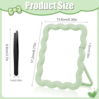 Desk Mirror, Wave-Shaped Adjustable Desk Vanity Makeup Mirror Office Cubicle with Eyebrows Tweezer, 6.7*5.3In Cute Travel Portable Folding Make Up Mirrors for Standing Hanging Home Decoration(Green)
