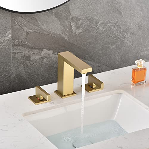 sumerain Brushed Gold 8 Inch Widespread Bathroom Faucet 2 Handle Lavatory Faucet Solid Brass, with Quick Connect Hose - color: Brushed Gold