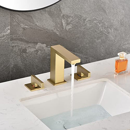 sumerain Brushed Gold 8 Inch Widespread Bathroom Faucet 2 Handle Lavatory Faucet Solid Brass, with Quick Connect Hose - color: Brushed Gold