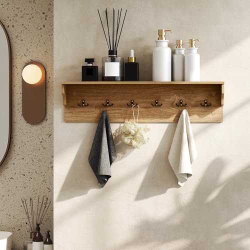 GIANTEX Coat Rack Wall Mount, 31.5" Wooden Coat Hooks with Shelf, Natural | Wall Clothes Rack w/ 6 Dual Hooks for Hats Towels Purses Robes, Floating Display Shelf for Living Room Bedroom Entryway - color: Natural