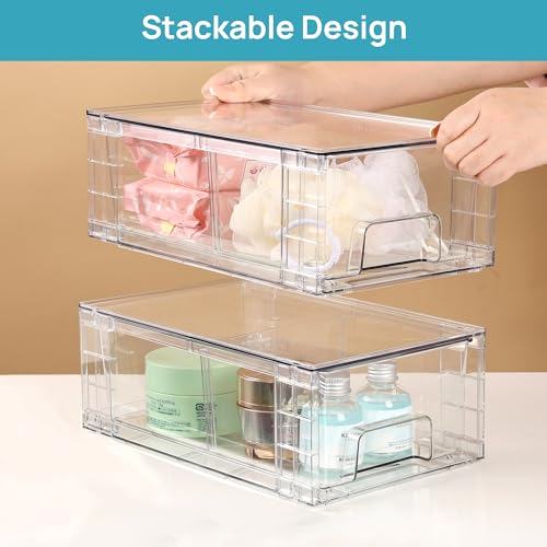 Vtopmart 2 Pack Stackable Clear Drawer with Dividers | Clear Drawer Organizers with Removable Dividers for Flexible storage. Stackable, Non-slip, for Fridge, Under Sink & Bthroom - size: 2Pack 4.4"H-with Dividers