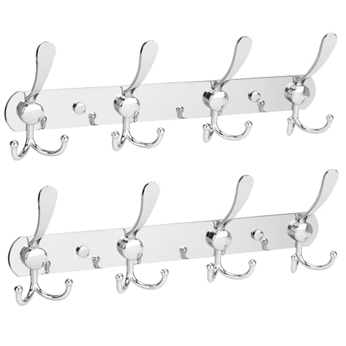 YUNISS Coat Rack Wall Mounted，4 Tri Stainless Steel Coat Hook for Coat Hat Robes Towel in Mudroom Entryway (Sliver, 2 Pack 4) - color: Sliver, size: 2 Pack 4