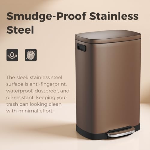 ELPHECO Kitchen Trash Can with Lid 13 Gal Stainless Steel Pedal Garbage Can | Soft Close Lid, Pedal, Heavy-Duty Fingerprint Proof Step Wastebasket with 20 Bags, Removable Bucket, Home Office, Brown - color: Brown