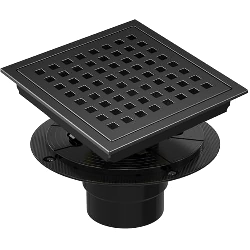 6 Inch Square Shower Floor Drain, Shower Drain Kit with Flange, Square Shower Drain, SUS 304 Stainless Steel Floor Drain,Matte Black - color: Black, size: 6 Inch