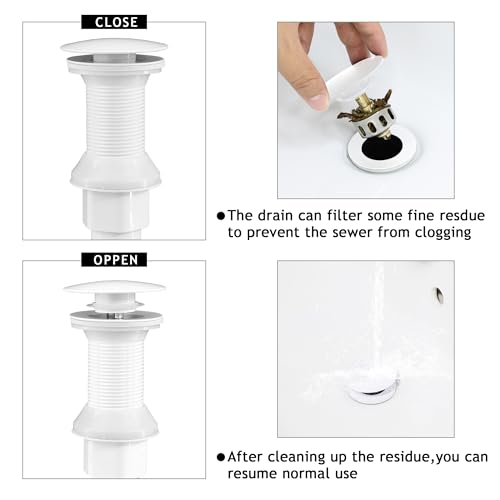 Bathroom Sink Drain,2 Pack White Drain Stopper Bathroom Sink Without Overflow,Pop Up Drain Assembly with Detachable Strainer Basket,Built-in Anti-Clogging, Stainless Steel Nut - color: 2 Pack-white-big Cap, style: Without Overflow