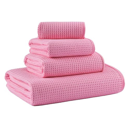 MICROFI Waffle Weave Bath Towel Set, Microfiber, 4 Pieces (Body/Hair/Hand/Face), Quick Dry, Lightweight, Super Absorbent, Lint Free, 380 GSM (Pink) - color: Pink