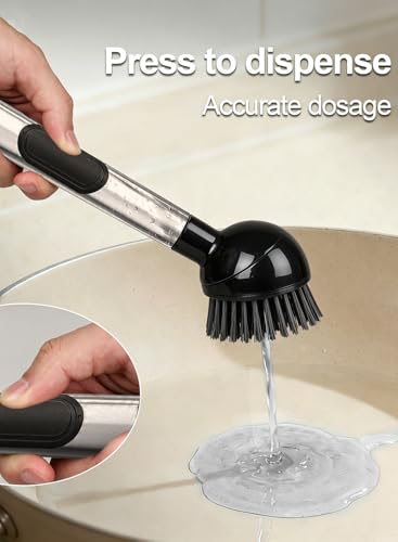 Soap Dispensing Dish Brush with Handle, 360° Rotating Head, 5-Piece Kitchen Cleaning Set (2 Brush Heads & 3 Sponges), Non-Scratch Scrubber for Pot, Pan, Sink, Leak-Proof Dishwand, Black - color: Black