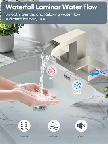 Cobbe Waterfall Bathroom Faucet, Brushed Nickel 4 Inch Centerset 3 Hole | Bathroom Sink Faucet Square with Pop-Up Drain, 2 Handle and 2 Supply Hoses, Lead-Free Stainless Steel for Vanity Sink Rv - color: Brushed Nickel, size: 4 Inch Centerset