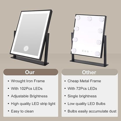 Beelux Vanity Mirror with Lights,15.3" Makeup Mirror with Light Smart Touch Control Dimmable 3 Modes Lighted LED Mirror 360°Rotation Black for Christmas Birthday Thanksgiving Mother's Day - size: 15.3"L x 12.6"W
